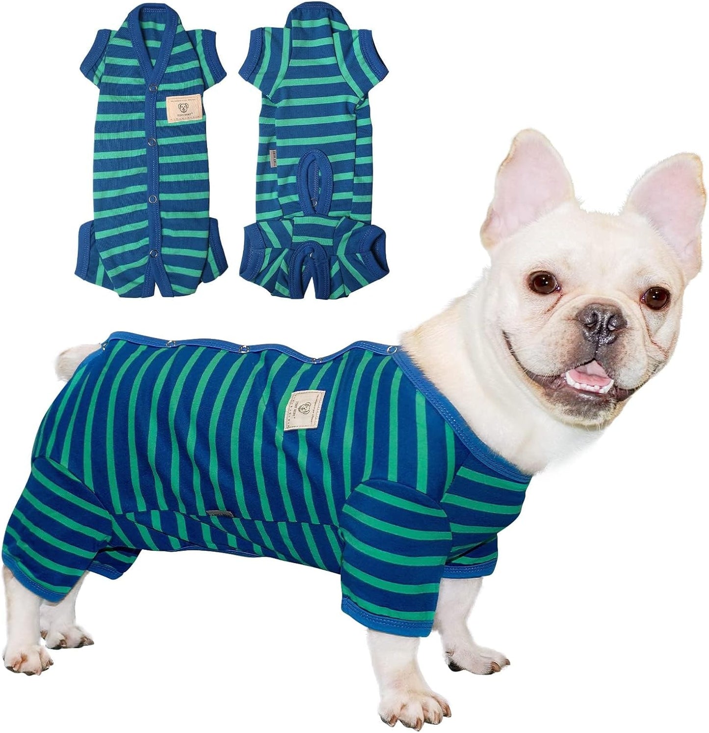 TONY HOBY Dog Pajamas for Female/Male, Dog Jumpsuit with Stripes for Small Medium Dogs, Soft and Comfortable 4 Legged Pajamas Dogs Clothes (Blue&Green, Boy, XL)