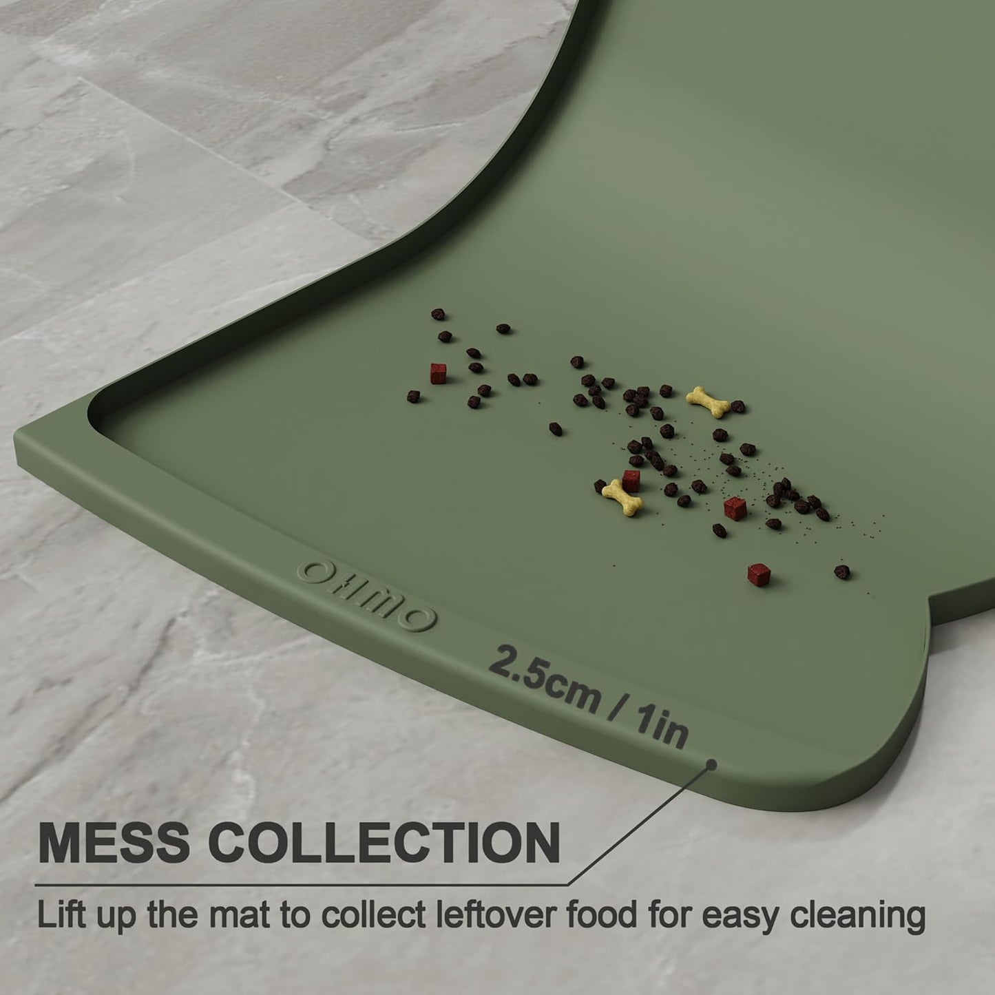OHMO Dog Food Mat(Camo Green, 24 * 15'') w/Residue Collection Pocket Silicone Pet Feeding Mat for Floor High Edges Anti Spills Waterproof Cat Water Bowl Tray, Easy Clean Placemat