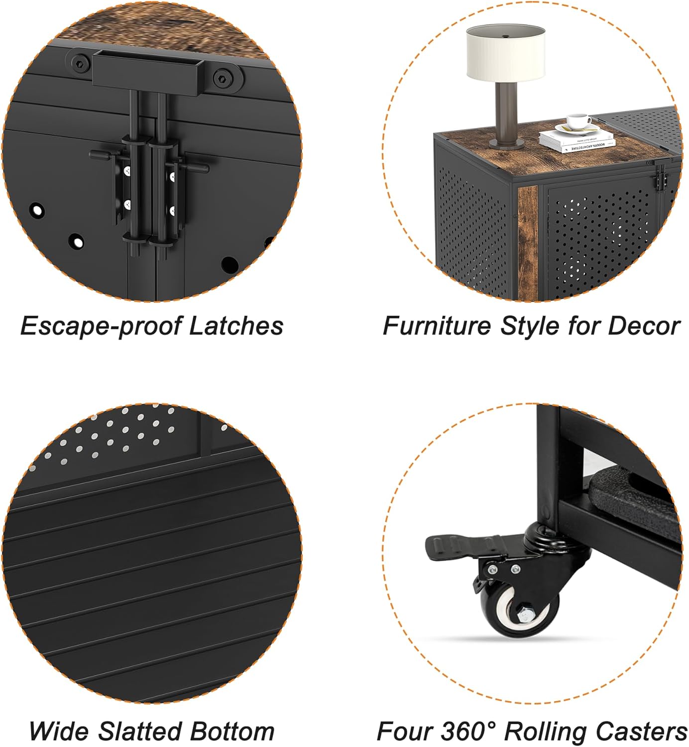 42" Heavy Duty Dog Crate Furniture for Large and Medium Dogs, Enclosed Design with 0.5 inch Holes, Indestructible Metal Kennel for High Anxiety Dogs, Chew Proof Pet House Cage Indoor, Brown