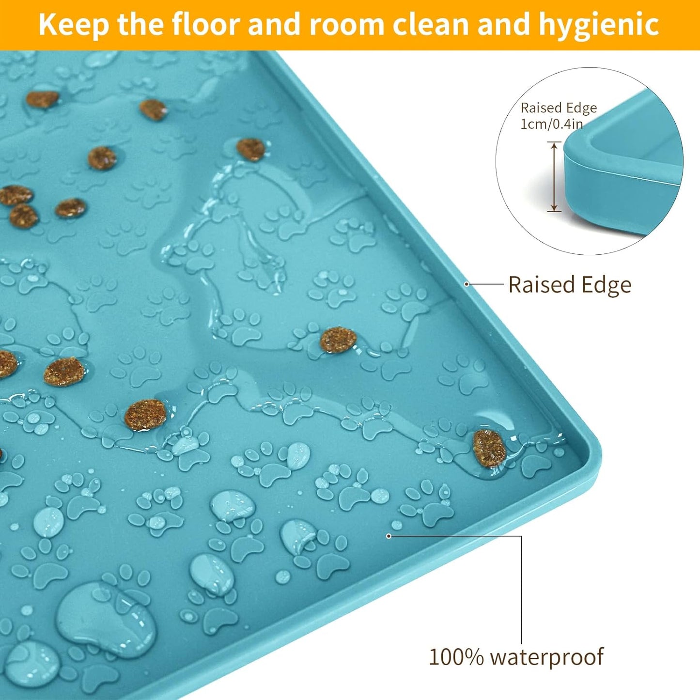 Ptlom Dog Food Mat Anti-Slip Bowl Mats for Food and Water, Waterproof Silicone Pet Placemat with High Raised Edges, Non-Slip Puppy Feeding Tray for Small, Medium Large Cats Dogs, Blue, 11.8"x11.8"