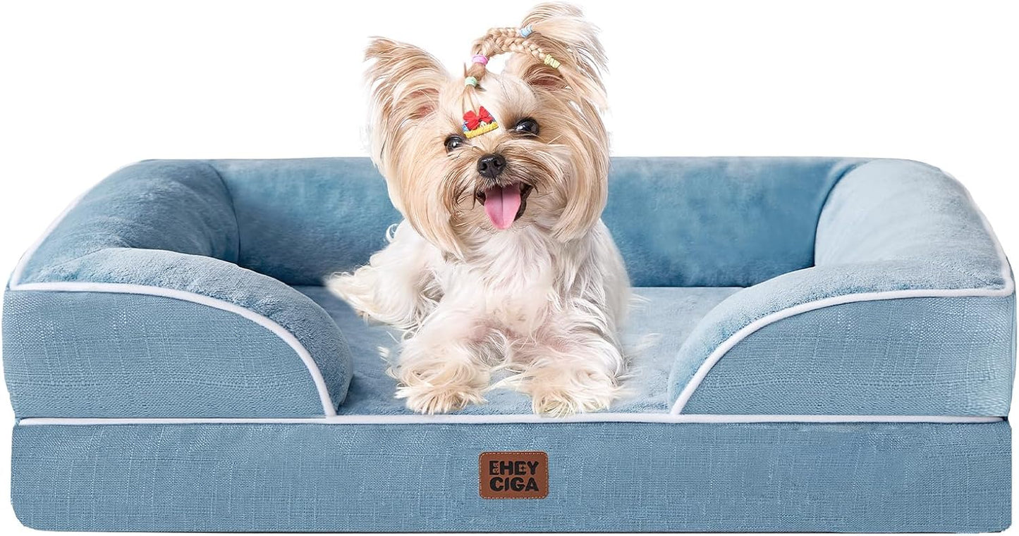 EHEYCIGA Orthopedic Dog Bed for Small Dogs, Waterproof Memory Foam Small Dog Beds with Sides, Non-Slip Bottom and Egg-Crate Foam Medium Pet Couch Bed with Washable Removable Cover, Washed Blue