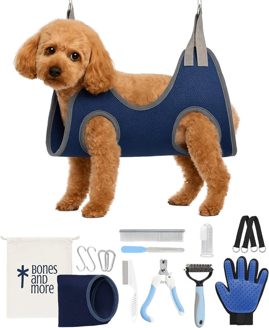 Pet Grooming Hammock Kit for Dogs & Cats - Includes Hammock Harness, Nail Clippers, Nail File, Grooming Glove, Dematting Comb, S-Hooks, Carabiners & Storage Bag for Easy Home Grooming Large (93×56) cm