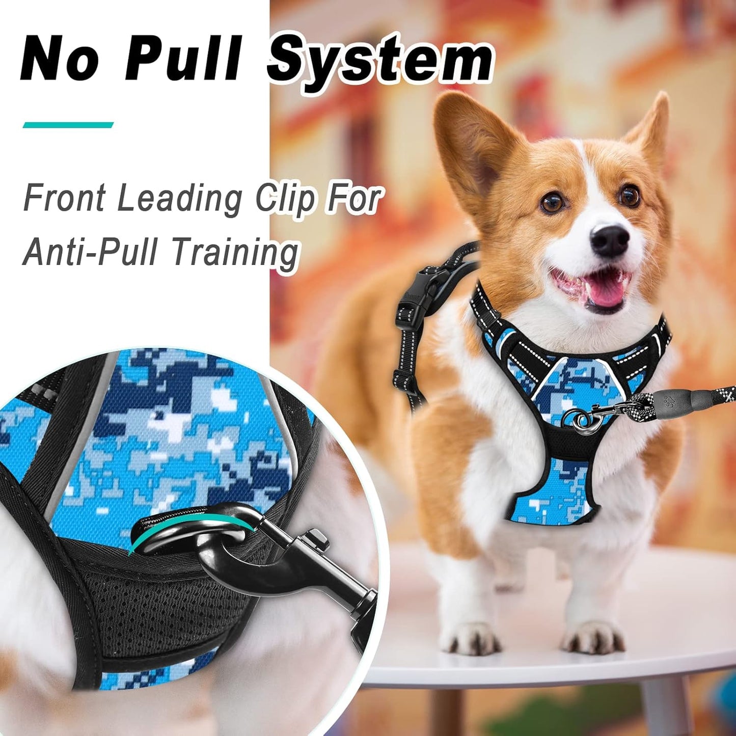 BARKBAY No Pull Dog Harness Large Step in Reflective Dog Harness with Front Clip and Easy Control Handle for Walking Training Running(Blue camo,L)