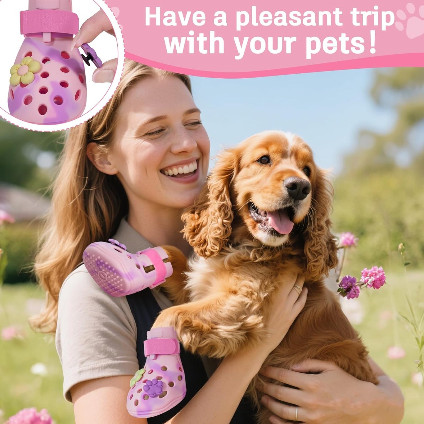 Dog Shoes for Hot Pavement, Adjustable Magic Tape Boots for Small, Medium & Large Dogs, Anti-Slip, Easy to Clean Paw Protectors for Beach, Outdoor & Hot Weather (Pink M)