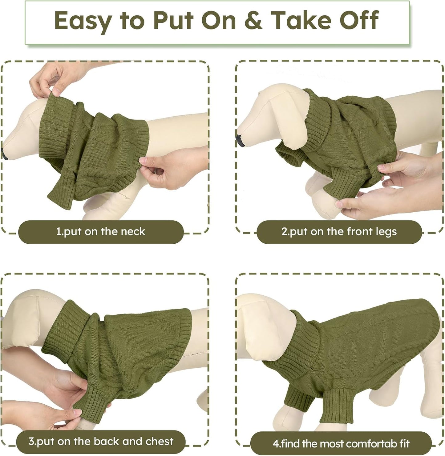 Queenmore Small Dog Pullover Sweater, Cold Weather Cable Knitwear, Classic Turtleneck Thick Warm Clothes for Chihuahua, Bulldog, Dachshund, Pugl,OliveGreen,S