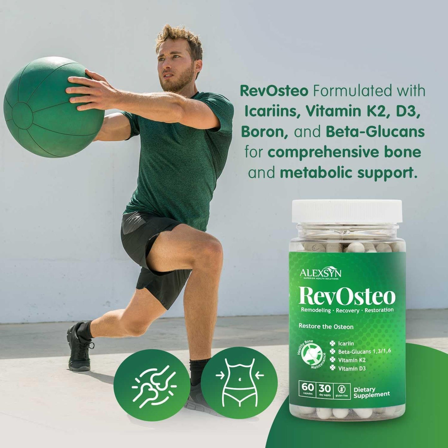 RevOsteo Bone & Metabolic Support – Advanced Bone Nutrition with Icariins, Vitamin K2, D3, Boron & Beta-Glucans – Vegan, Gluten-Free, Made in USA – 60 Capsules, 30-Day Supply