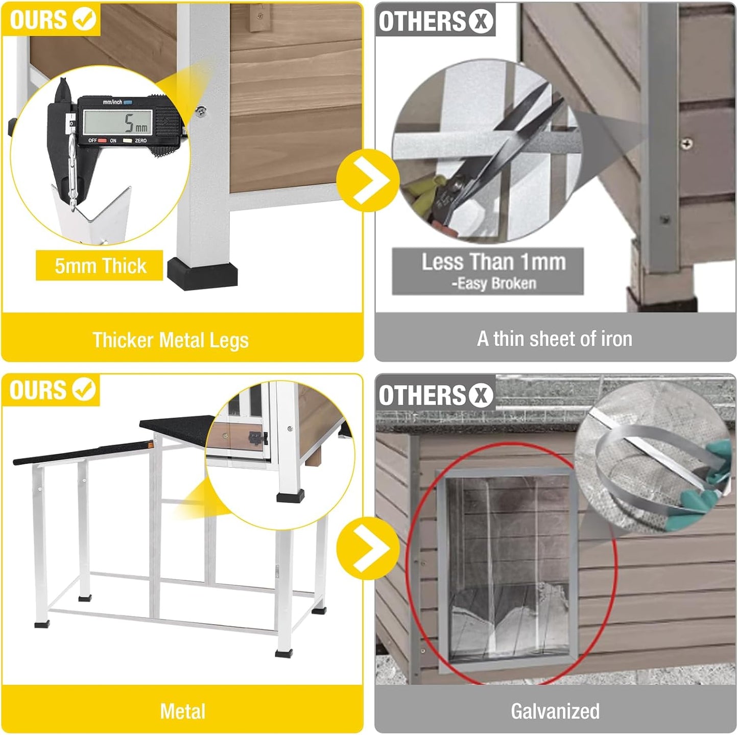 Chew-Resistant Dog House with Metal Frame, Wooden Kennel for Indoor & Outdoor Use, Waterproof Roof & Feeding Bowls Included (Brown, L)