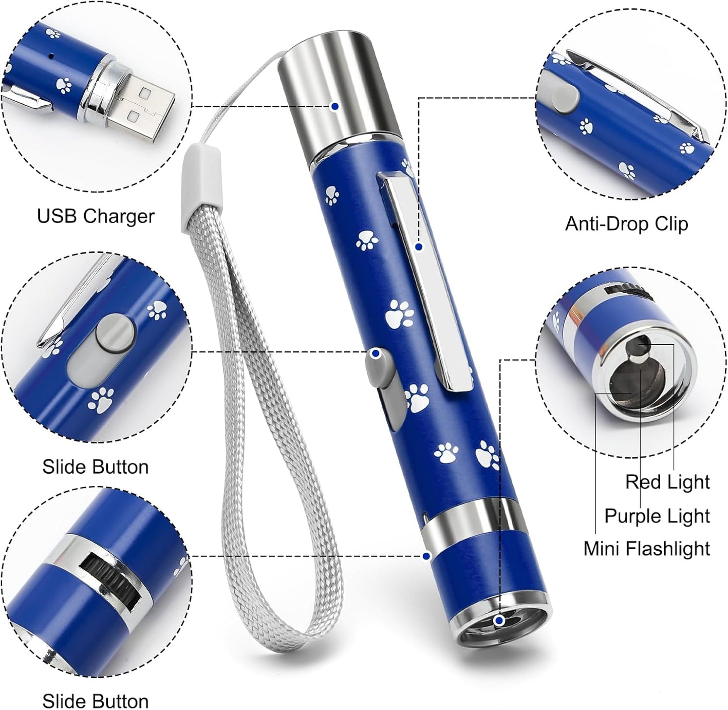 EAWONGEE Rechargeable Cat Toys - Indoor/Outdoor Cats Chase Light Toy for Kitty & Dog with 3 Light Modes, 5 Patterns, Blue