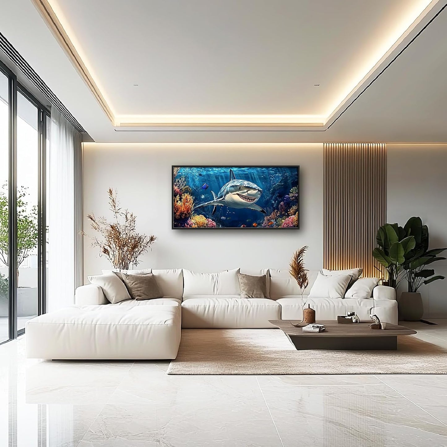 Large Ocean Shark Wall Art for Living Room, Framed Oversized Shark Fish Wall Decor Underwater Marine Life Canvas Painting Modern Artwork for Living Room Bathroom Bedroom Office Dining Room 60"x30"