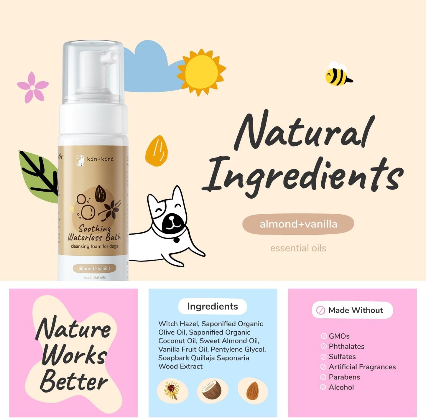 kin+kind Waterless Dry Shampoo for Dogs - Rinse-Free, Eliminate Itch and Odor, Natural Formula with Witch Hazel, Coconut Oil, Olive Oil, Almond and Vanilla - Made in USA