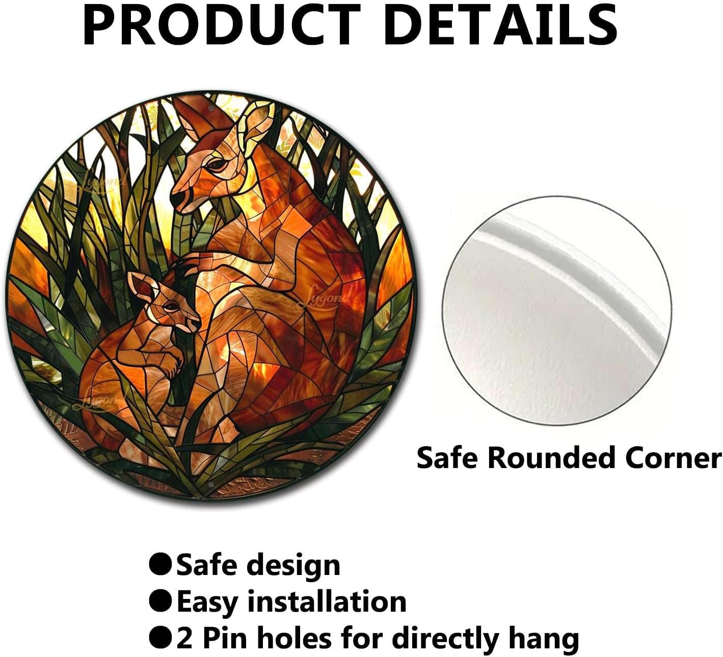 Lygond Metal Sign Tin Sign Circular Stained Glass Kangaroo Tin Signs For Garden For Bar 12×12 Inches