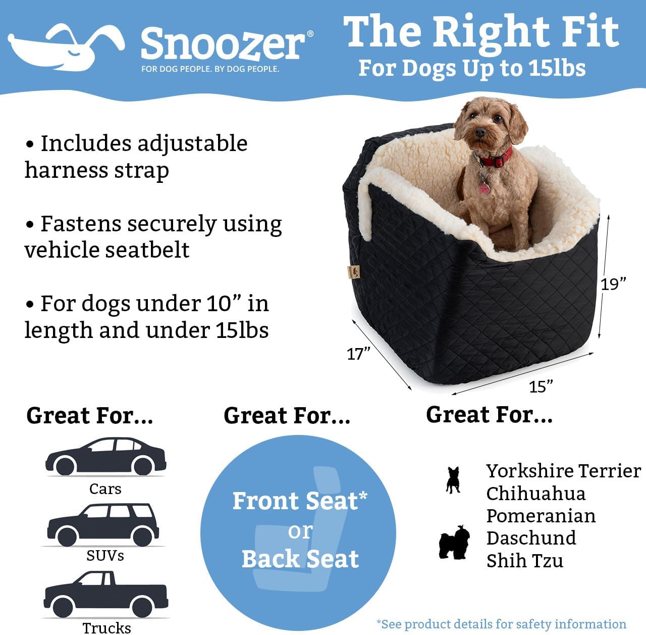 Snoozer Dog Car Seat: Lookout I Dog Booster Car Seat for Dogs Small 5-15 lbs, Size: Small, Fabric: Palmer Indigo, Pet Booster to Alleviate Motion Sickness for Dogs, Removable Machine Washable Cover