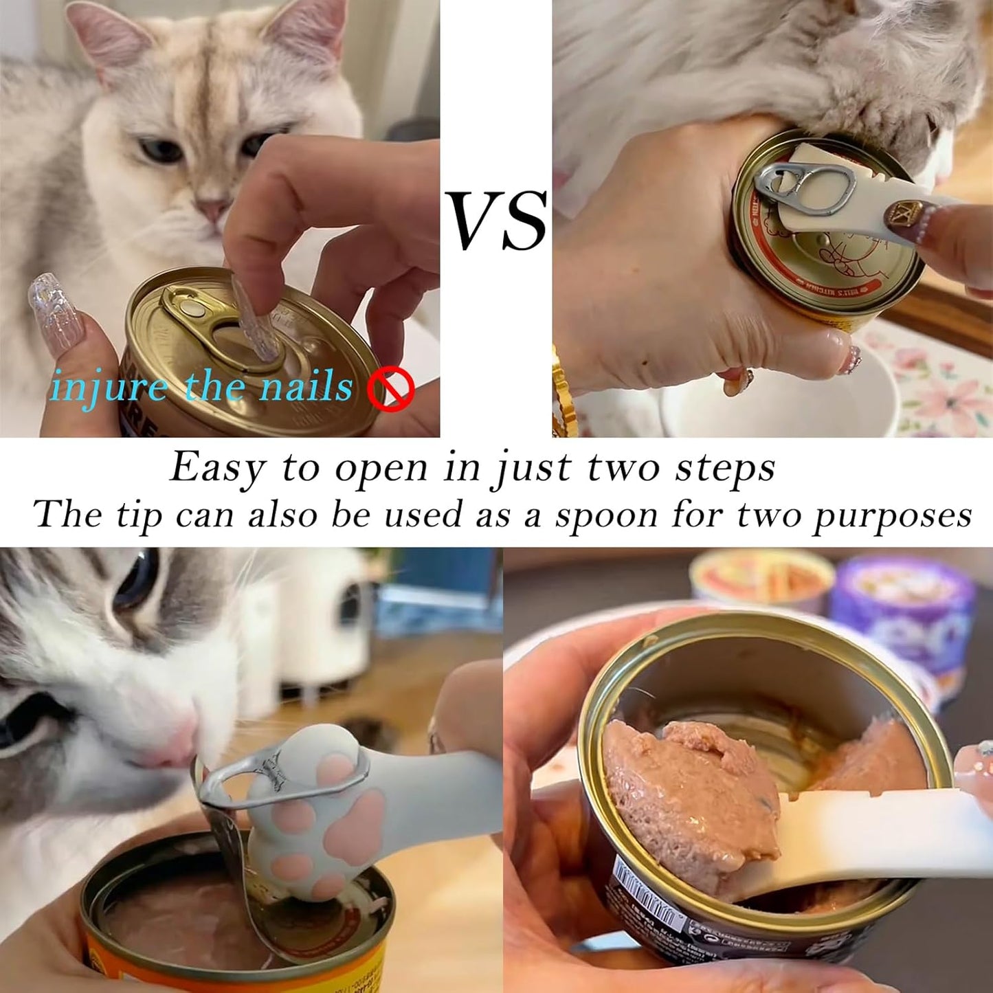 Food Can Spoon & Lids, One Multi-Functional Opener Spatula, 4 PCS BPA Free Silicone Universal Can Covers, Cute Paw Shape Spoon for Cat Dog Wet Food (Pink)
