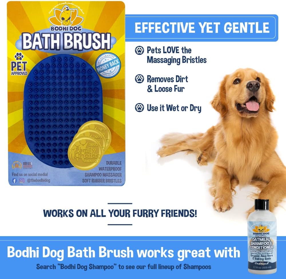 Bodhi Dog Shampoo Brush & Oatmeal Shampoo and Conditioner Bundle - Grooming Essentials for Pets, Short Hair Scrubber, Soothes and Moisturizes Dry, Itchy Skin - Hydrates & Nourishes