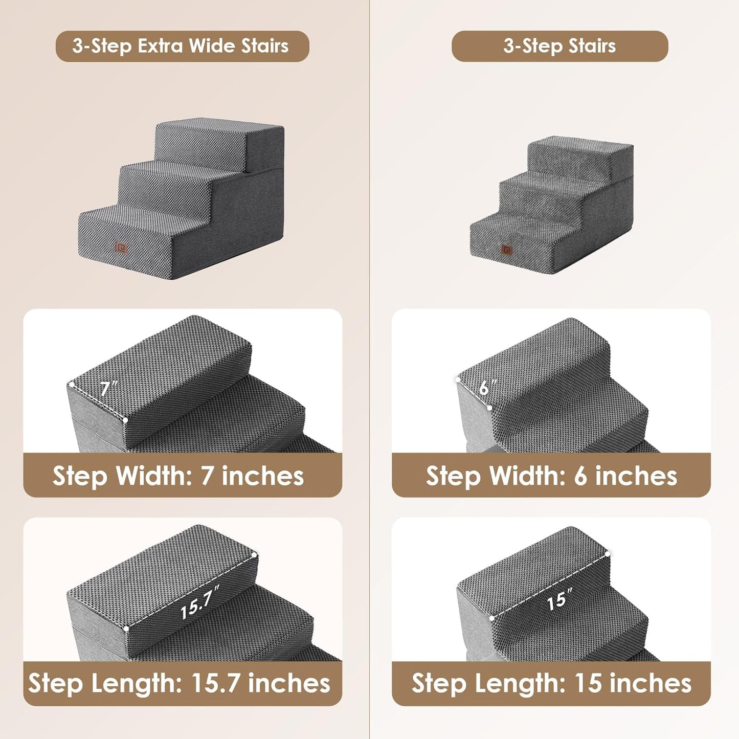EHEYCIGA Dog Stairs for Small Dogs 16.5" H, 3-Step Extra Wide Dog Steps for Couch Sofa and Chair, Pet Steps for Medium Cats, Non-Slip Balanced Pet Ramp Indoor, Grey
