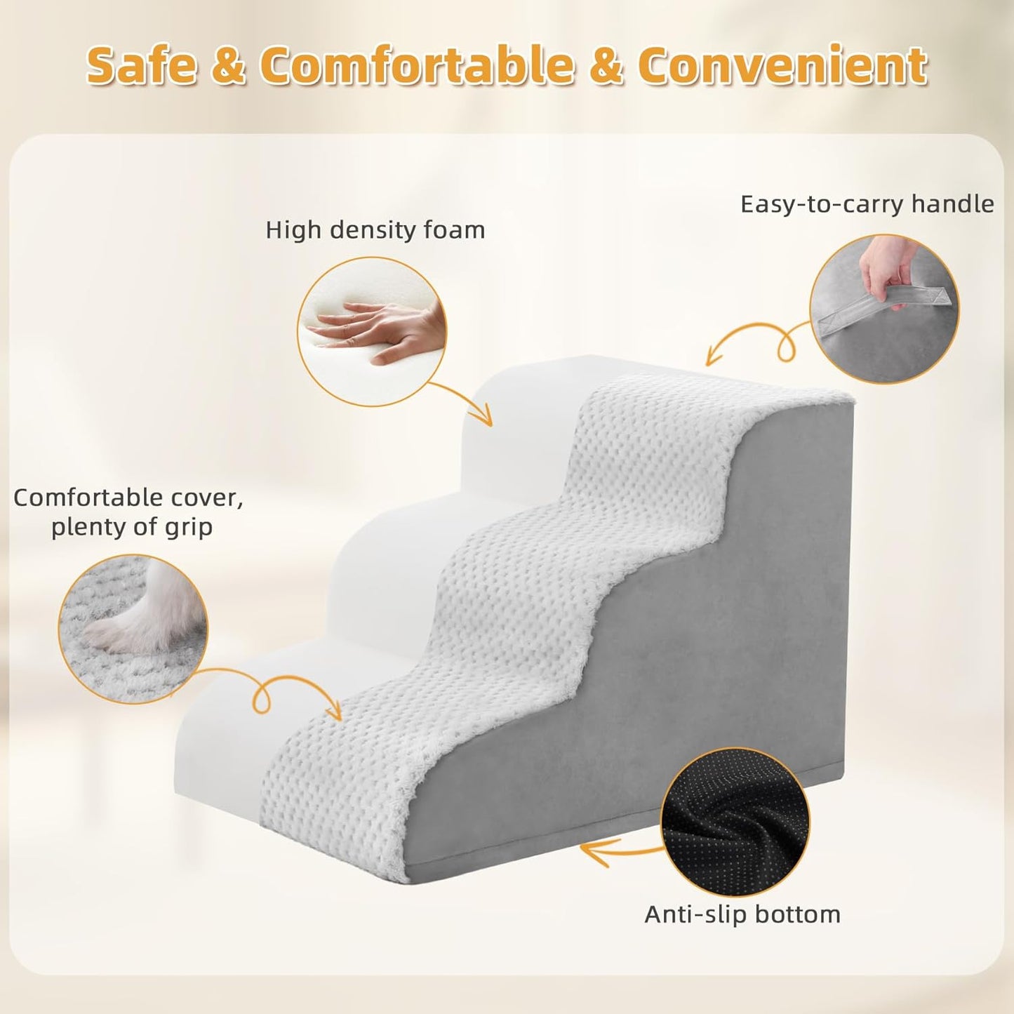 MIHIKK Dog Stairs Ramp, Curved 3-Step Dog Steps for Small Dogs and Cats, Pet Stairs for High Beds and Couch with Anti-Slip Washable Cover and Durable High Density Foam, Grey