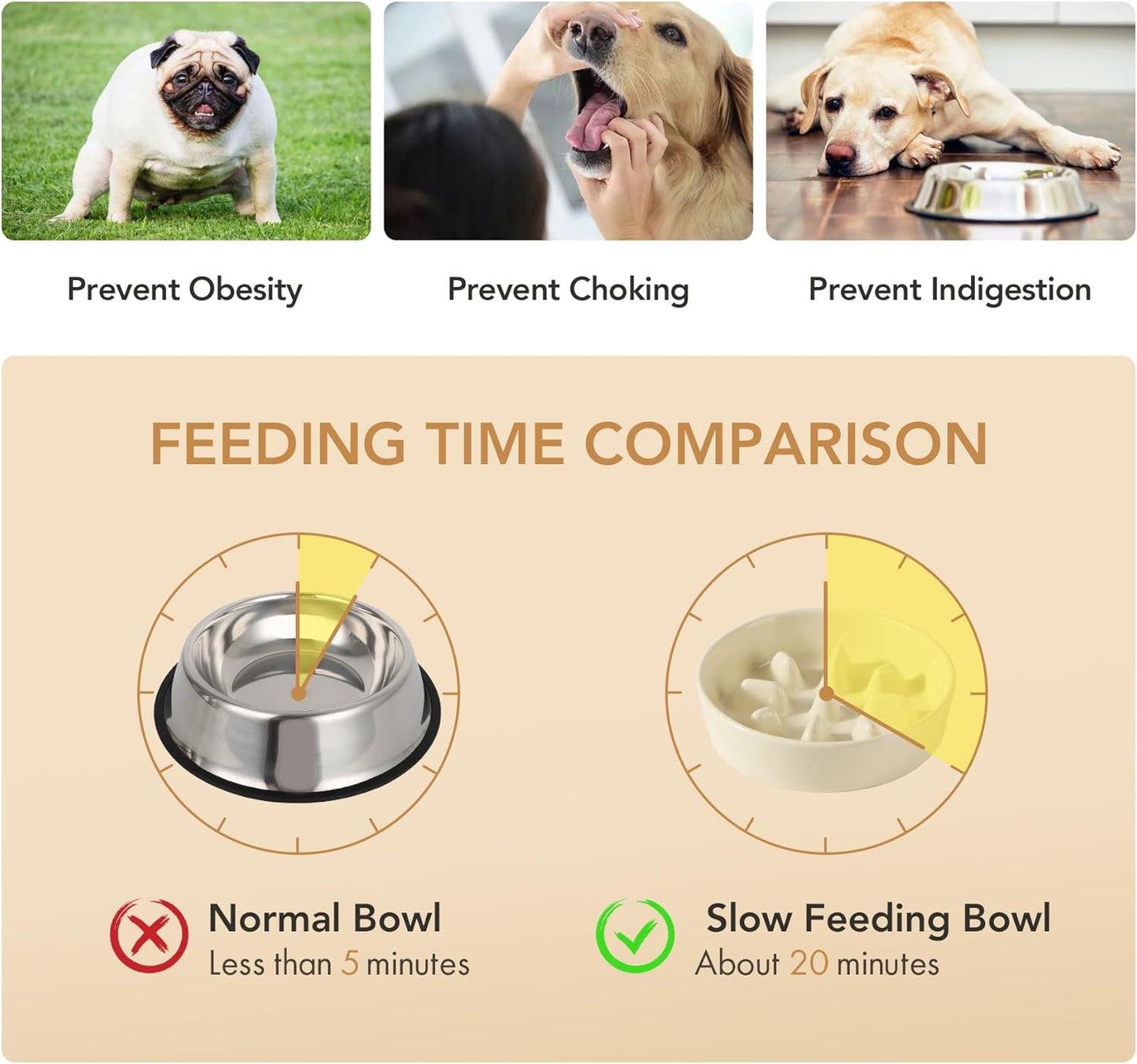 Ceramic Raised Slow Feeder Dog Bowl Set, Elevated 5.1inch Bowl and 6.1inch Slow Pet Food Dish with Wooden Stand for Small Dog and Cat (2 x Beige+ Stand)
