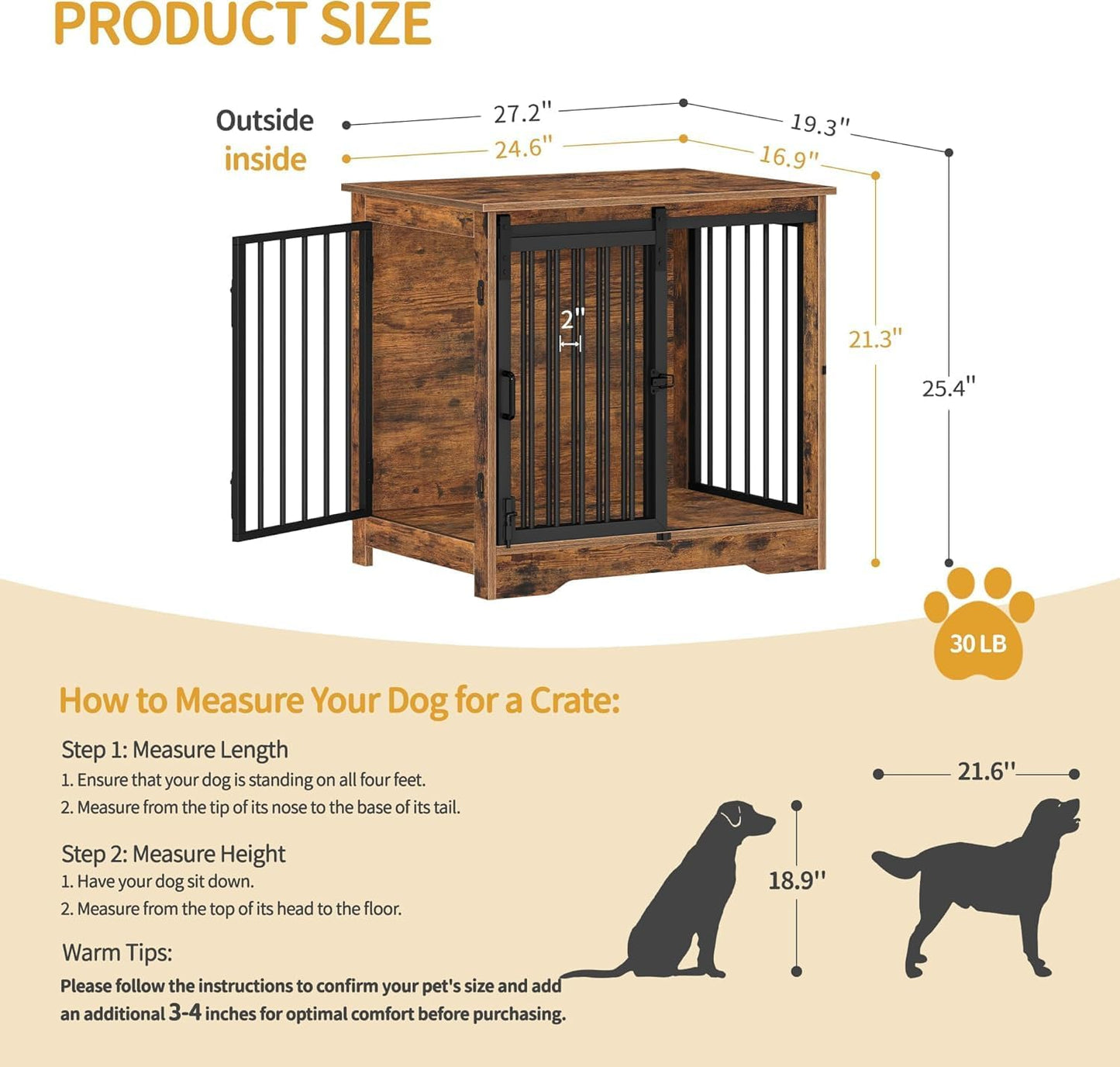 27.2" Dog Crate Furniture with Barn Door, Heavy Duty Dog Kennel Indoor with 2 Doors, Wooden Pet Cage End Table for Small Medium Dogs up to 22 lb, Anti-Chew Anti-Escape, Rustic Brown DFC84301B
