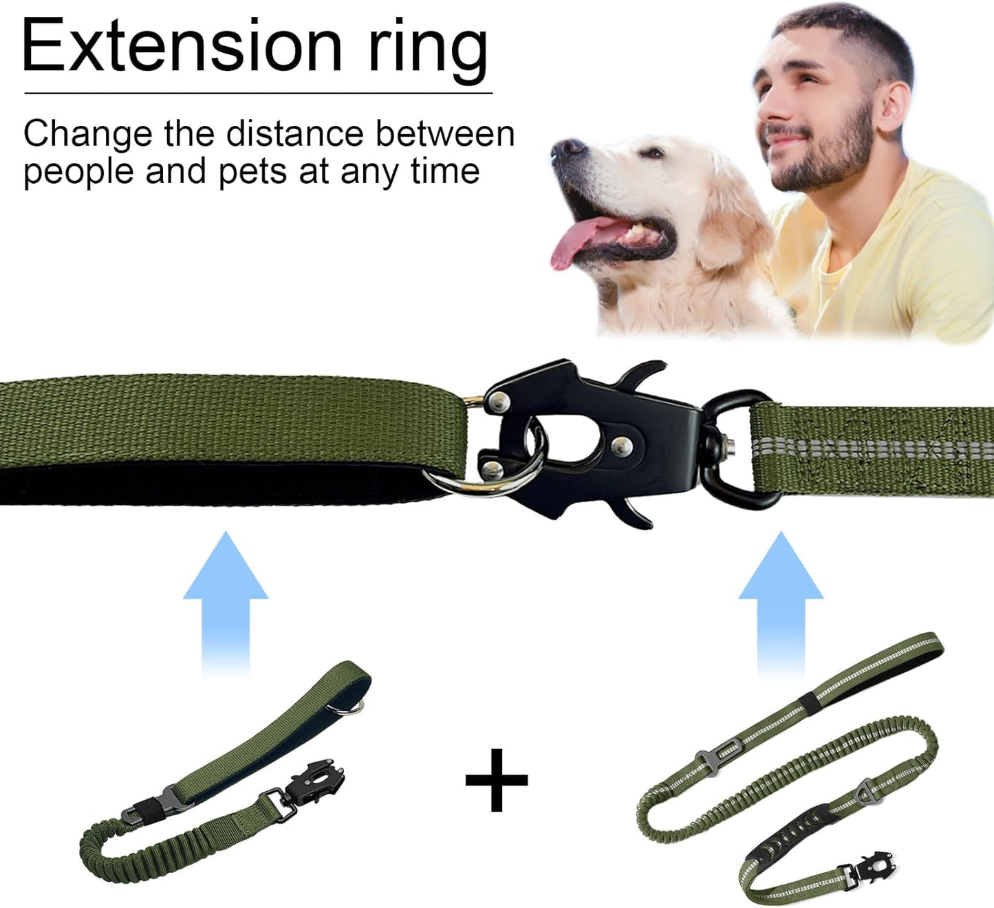 20” Strong Short Leash for Dog, Heavy Duty Bungee Dogs Leash with Padded Handle Car Seatbelt, Dog Training Leashs for Large or Medium Dogs - Can be Used with Other leashes (Army Green)