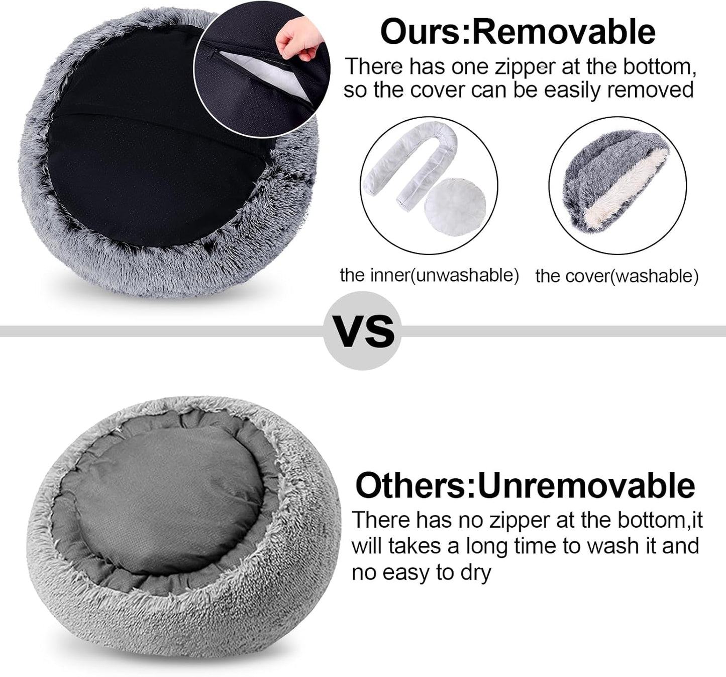 MADDEMCUTE Calming Dog & Cat Cave Bed With Hooded Cover, Removable Washable Round for Small Medium Pets, Anti-Slip Faux Fur Fluffy Coved for Improved Sleep, Fits up to 15/25 lbs (Grey, S)