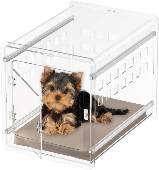 Sumerflos Clear Acrylic Dog Crate - Modern Dog Kennel Furniture, Indoor End Table Dog Crate Lockable Ventilated for Most Small Dog Cat Pet, 24.05" L x 17.99" W x 20" H