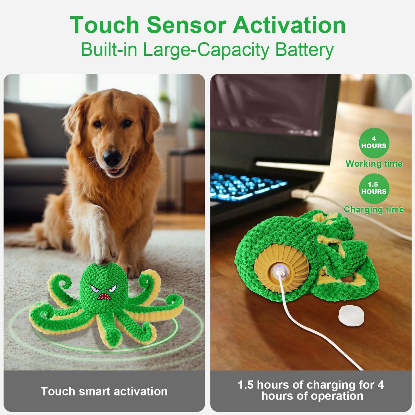 Interactive Dog Toys Octopus,Durable Automatic Jumping Dog Toy to Keep Them Busy,Squeaky Moving Tug of War Doggie Toy,USB Rechargeable Puppy Toys (Green)