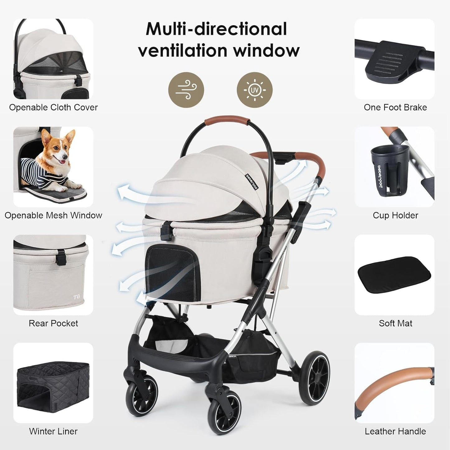 T6 Luxury Pet Stroller for Medium Dogs Up to 66lbs or 2 Small Pets – 3-in-1 Dog & Cat Stroller with Removable Carrier, Foldable & Lightweight (Beige)