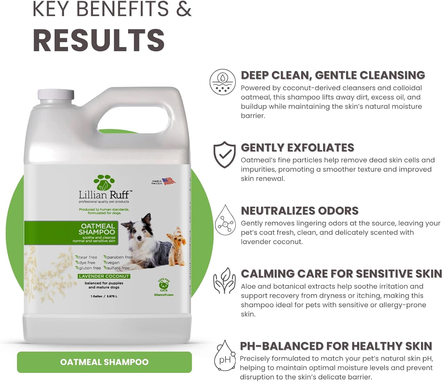 Lillian Ruff PRO Formula Deodorizing Oatmeal Dog Shampoo - Calms Itching & Allergies, Ultra-Nourishing Dry Skin Relief - Oatmeal, Aloe, Coconut Oil, Lavender & Provitamin B5 - Made in USA (Gallon)