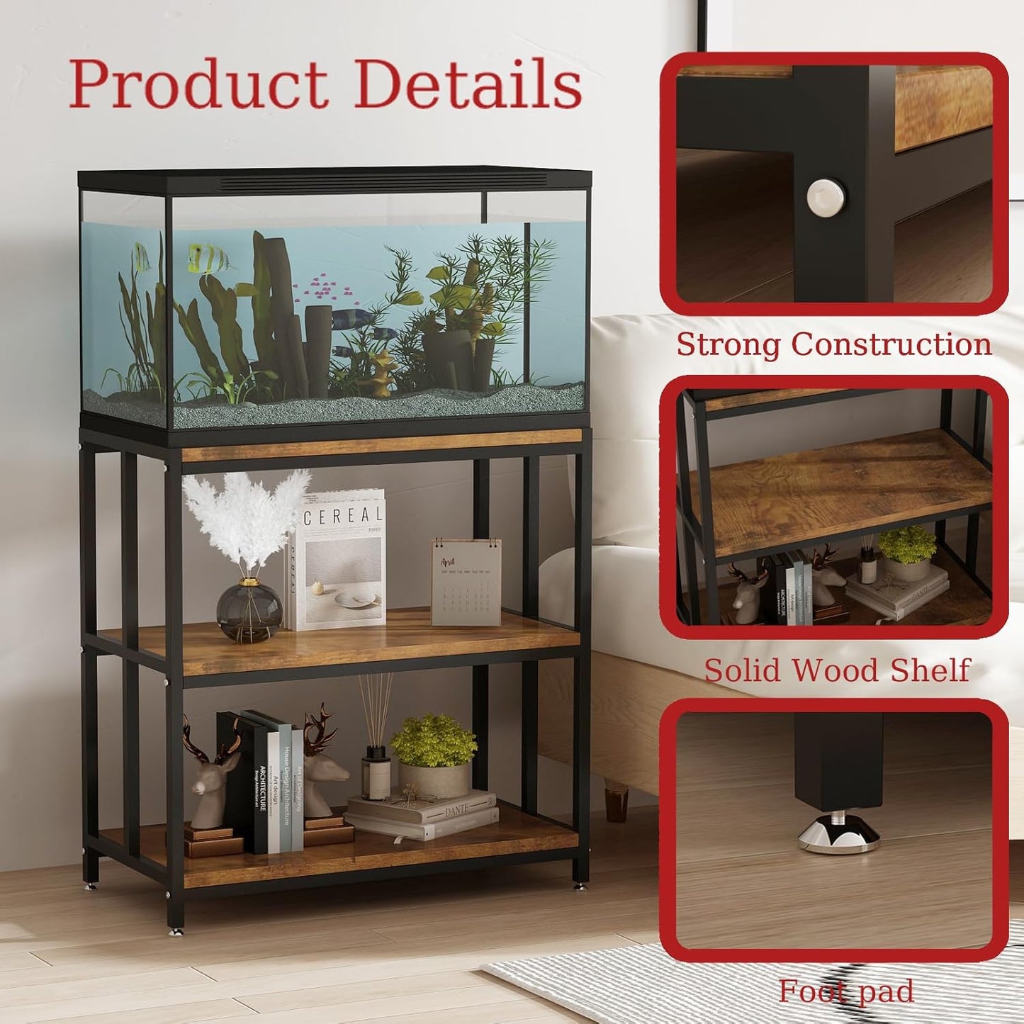 20 Gallon Metal Aquarium Stand with Shelves for Fish Tank Accessories Storage, Reptile Tank Turtle Terrariums Stand for Home Office (Black)