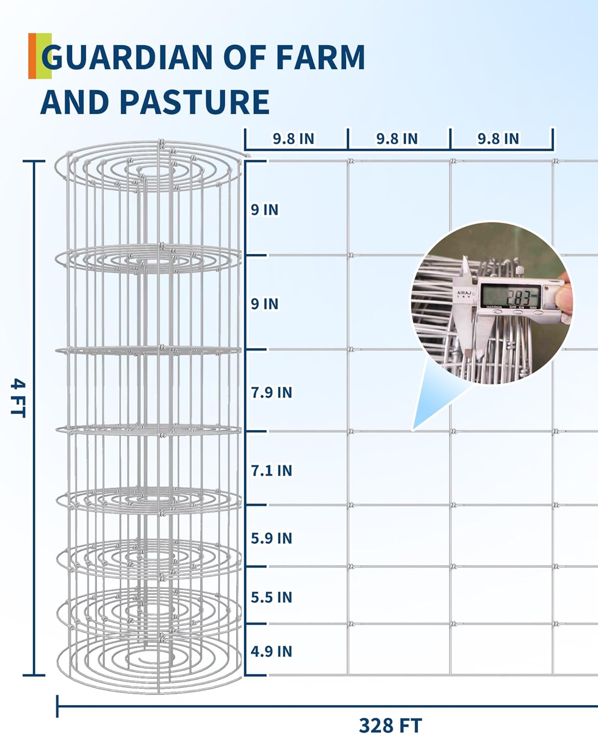 9GA Thickened Heavy Duty Cattle Farm Fence, 4ft x 328ft Galvanized Goat Deer Fence, Heavy Zinc Coating Hog Wire Fencing for Farm Livestock Animals Protection