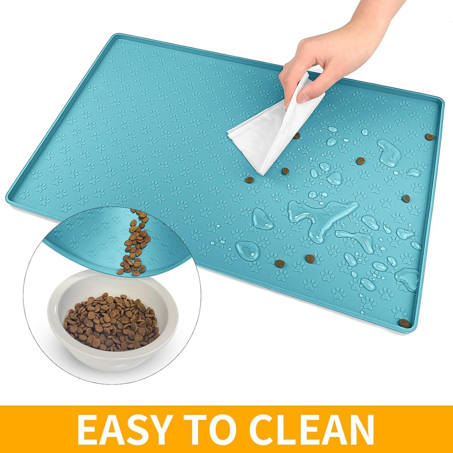 Ptlom Dog Food Mat Anti-Slip Pet Bowl Mats for Food and Water, High-Lips Pet Placemat Prevent Messy Spills to Floor, Waterproof Puppy Feeding Tray for Small, Medium Large Dogs Cats, Silicone