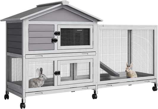 2-Tier Rabbit & Chicken House Mobile,Wooden Chicken Coop & Bunny Cage with Non-Slip Ramp, 4 Doors,Waterproof Roof & Pull-Out Tray,Outdoor/Indoor Pet Cage Movable
