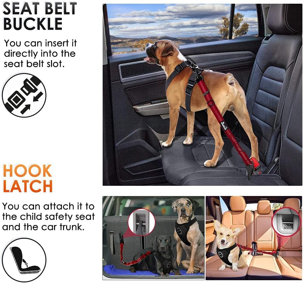 SlowTon Dog Seat Belt, Adjustable Dog Safety Belt Leash, 2 in 1 Latch Bar Attachment Dog Car Seatbelt with Elastic Nylon Bungee Buffer, Reflective Nylon Belt Tether Connect to Dog Harness (Red)
