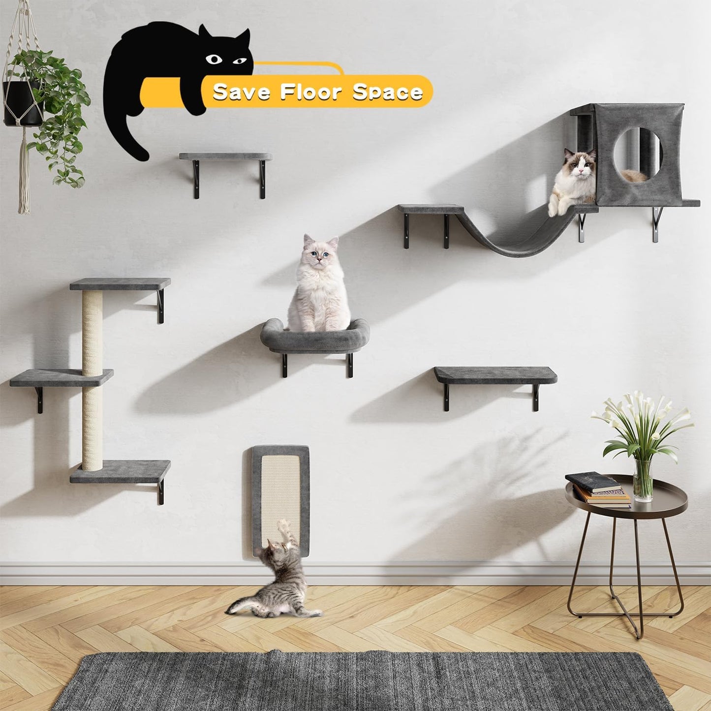 NUNU LAB Wall Mounted Cat Furniture, 6 Pcs Cat Wall Shelves with Condo House, Bridge, Steps, Scratcher, Hammock, Indoor Safe & Stable Furniture for Kittens Play, Dark Gray