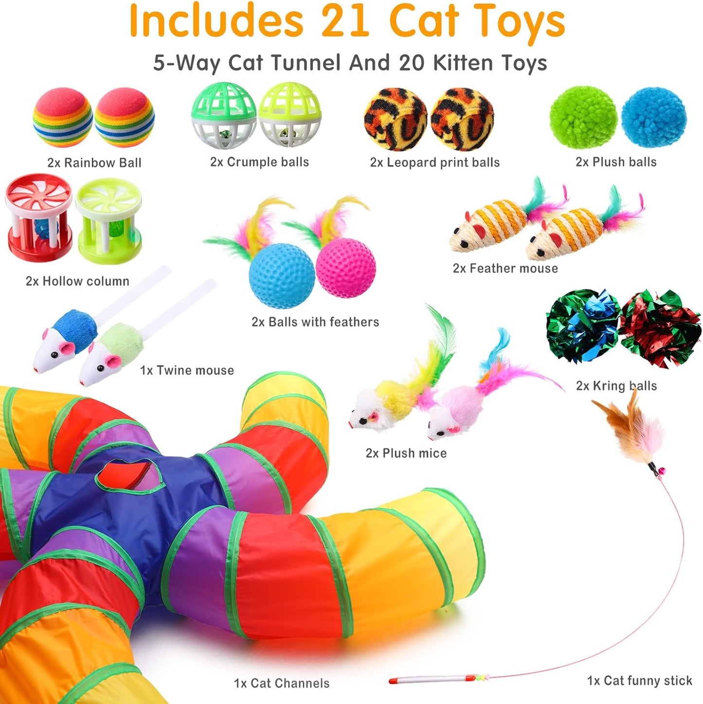 Poen 21 Pcs Cat Tunnel for Indoor Set Collapsible 5 Way Tubes with 20 Pcs Cat Kitten Toys Interactive Feather Toy Mouse Crinkle Balls Tube for Puppy Kitten Rabbit(Colorful)