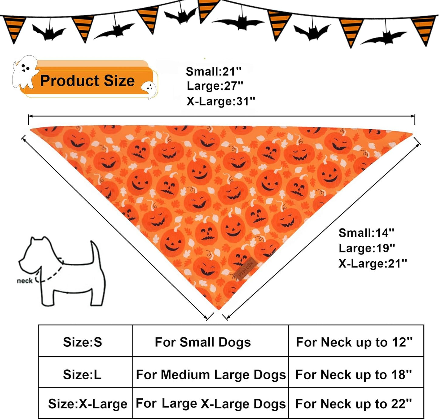 PTDECOR Halloween Dog Bandana, Reversible Holiday Pet Scarf, Multi Size, Triangle Puppy Halloween Bandanas for Extra Large Dogs Pets (Black & Orange, X-Large)