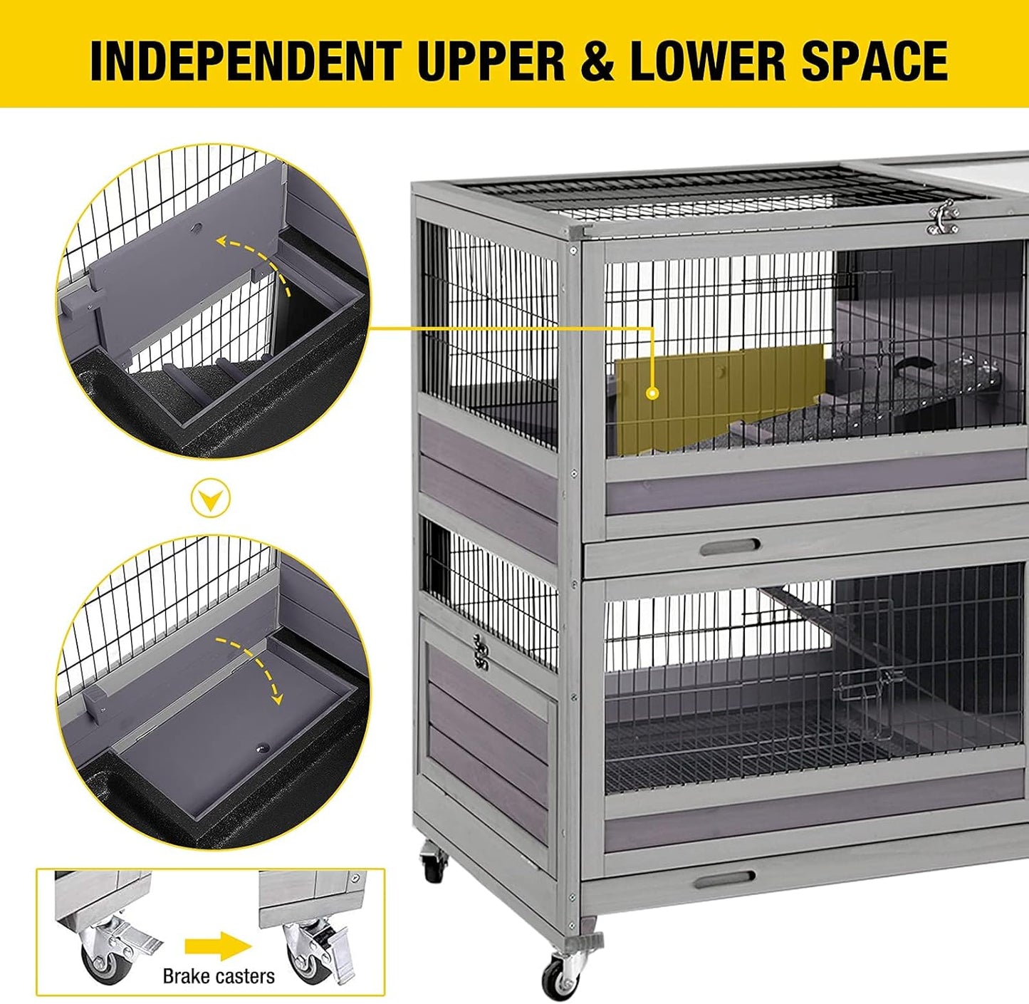 Rabbit Hutch Indoor Outdoor Bunny Hutch Pull Out Tray Guinea Pig Cage with Bottom Wire-Netting, On Wheels (Gery) 39.4" L x 24.6" W x 39" H