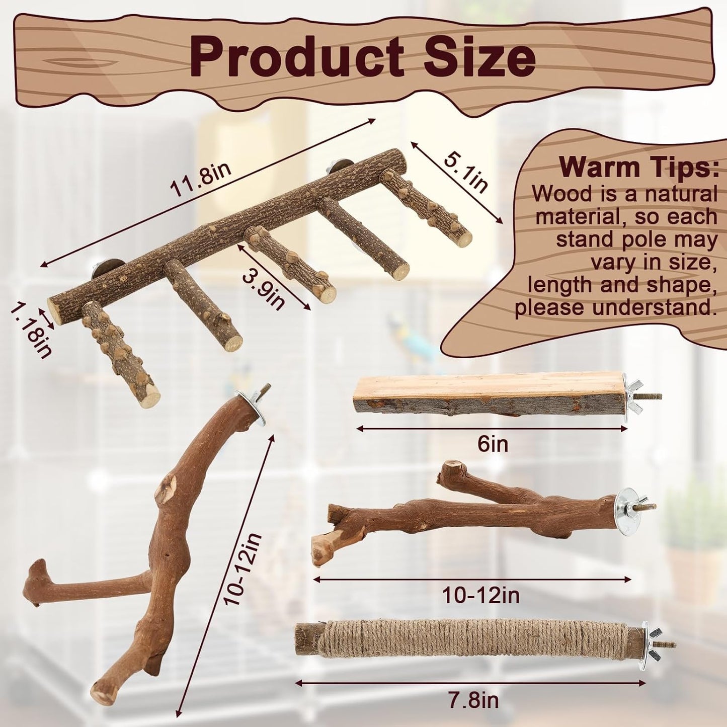 Bird Ladder Perches for Cage, Pole Standing Natural Wood Birds Perch Set, Climbing Chewing Toys, Paw Grinding Fork Parrot Cage Branch with Rope for Macaw Budgie Lovebirds