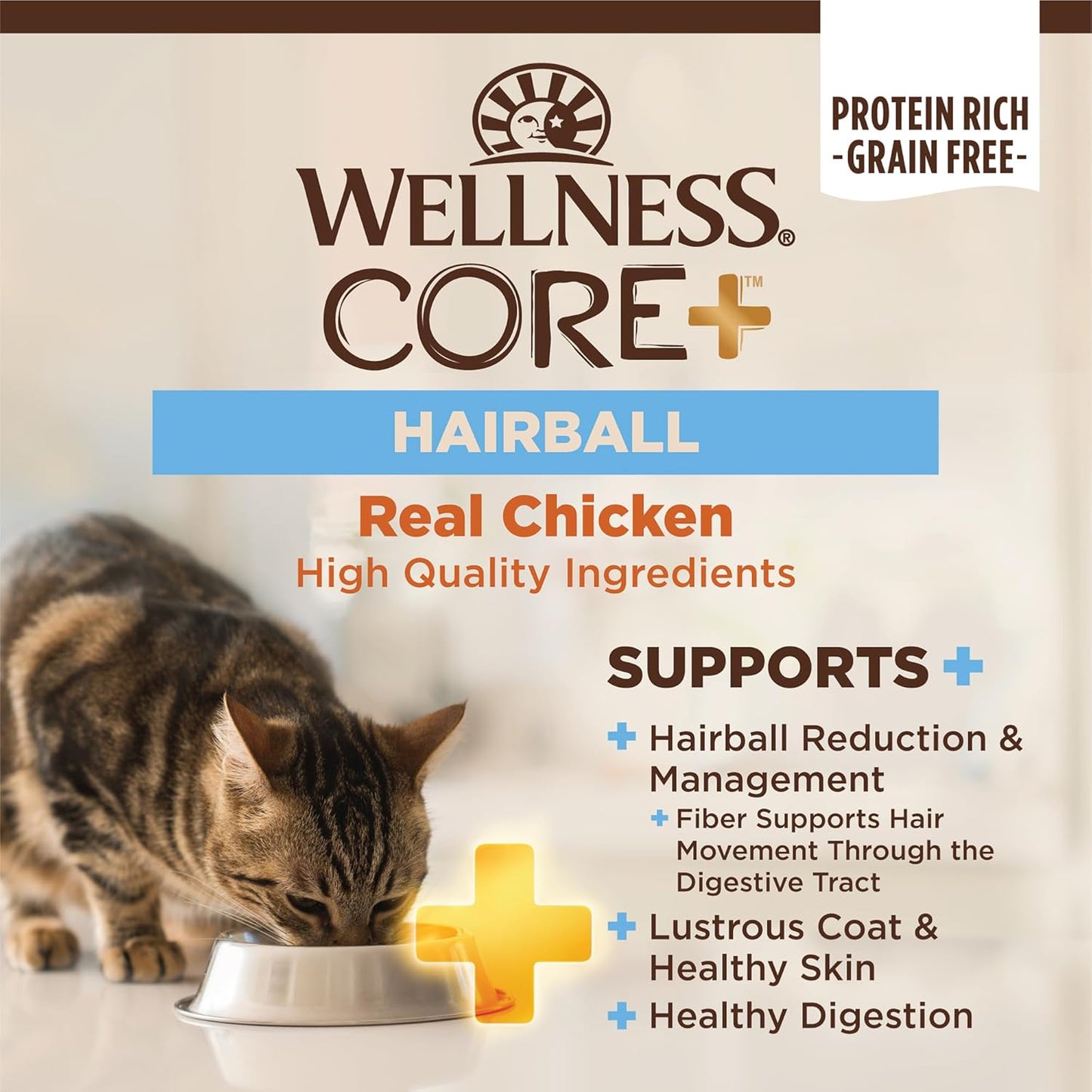Wellness CORE+ Hairball Adult Dry Cat Food for Indoor & Outdoor Cats, Grain Free, Natural, Chicken and Chicken Meal (4.75 Pound Bag)