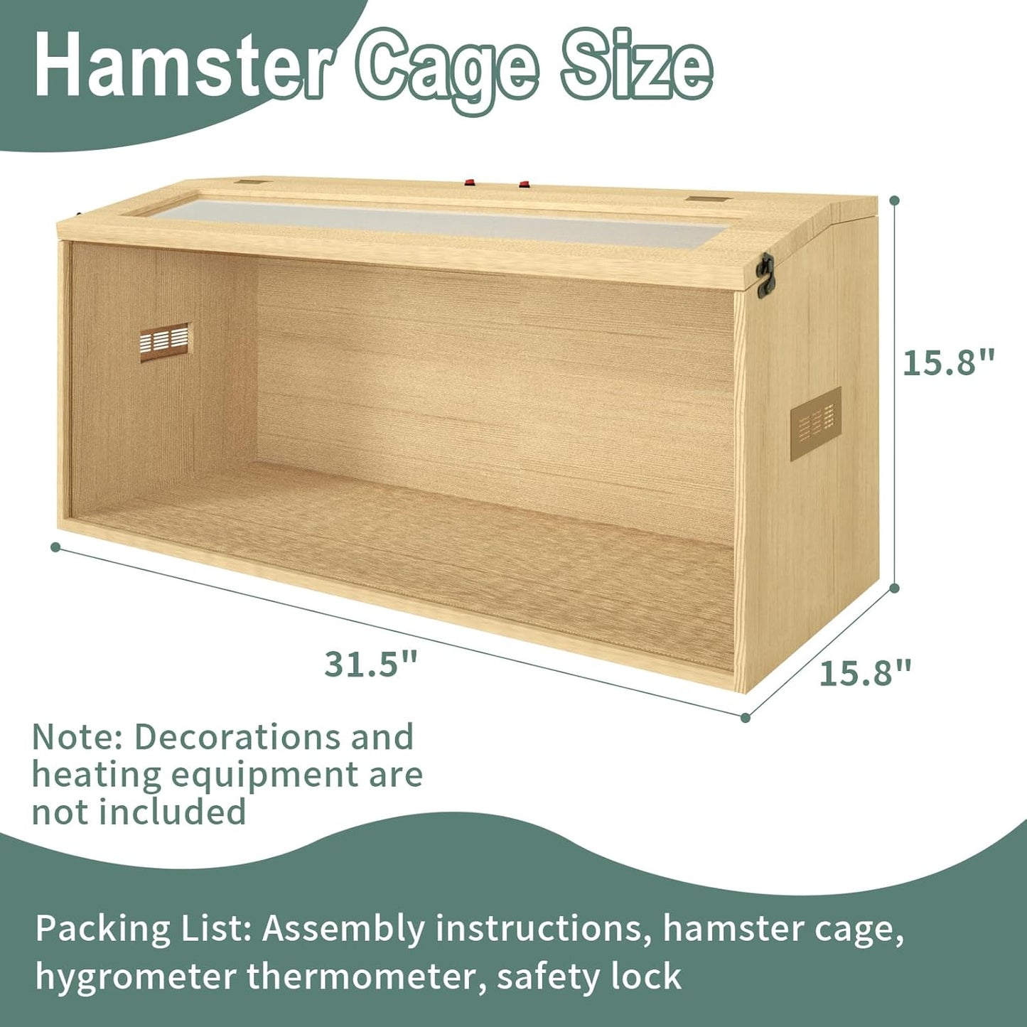 32" Hamster Habitat Enclosure, Top Opening Lockable Roof Door, Gerbil Dwarf Hamster Cage with Hygrometer, Chewproof Syrian Hamster Cage for Mice, Small Animal, (Wooden, 32" L x 16" W x 16" H)