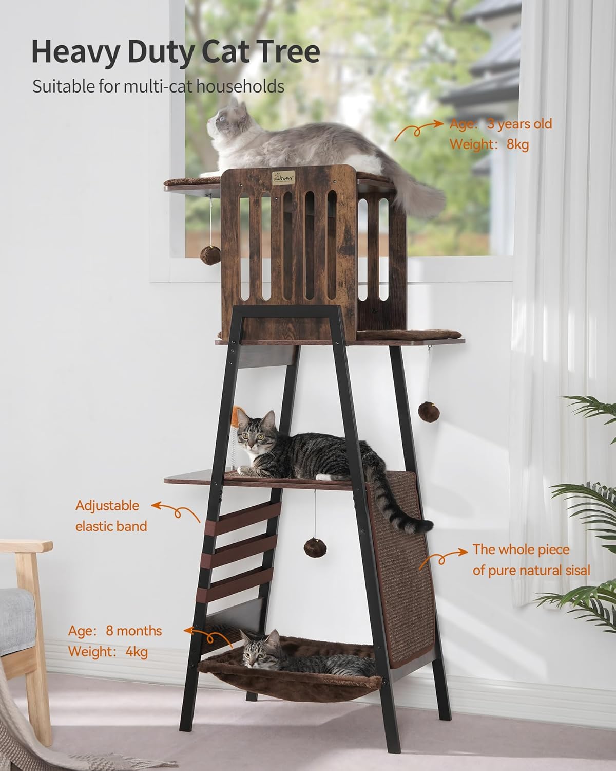 FourFurPets Modern Cat Tree, 58-Inch Cat Tower for Large Cats, Maine Coon Cat Tree with Scratching Board, Large Perch, Hammock and Removable Pads, Rustic Brown