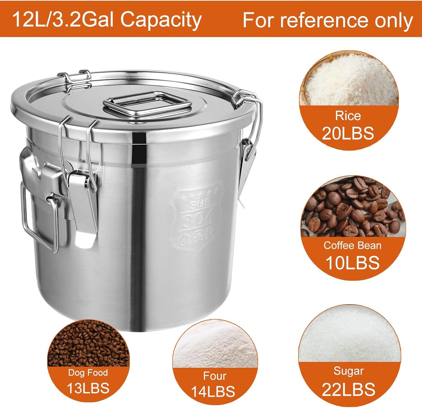 DYNAMI 304 Stainless Steel Airtight Canister for Kitchen, 3.2Gal/405oz Flour Container with Lid and Locking Clamp,10-21Lbs Metal Bucket Food Storage Container for Rice, Flour, Grain, Coffee Bean(12L)