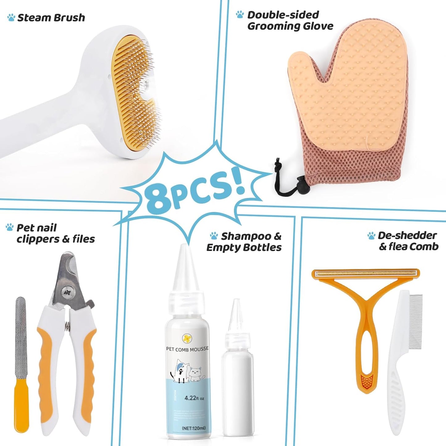 Pet Steam Brush for Dog & Cat – 3-in-1 Spray Hair Removal Comb for Shedding & Grooming Shedding Glove, Flea Comb, Couch Carpet Hair Removal Tool, Nail Toenail Clippers Nail File Shampoo-8PCS