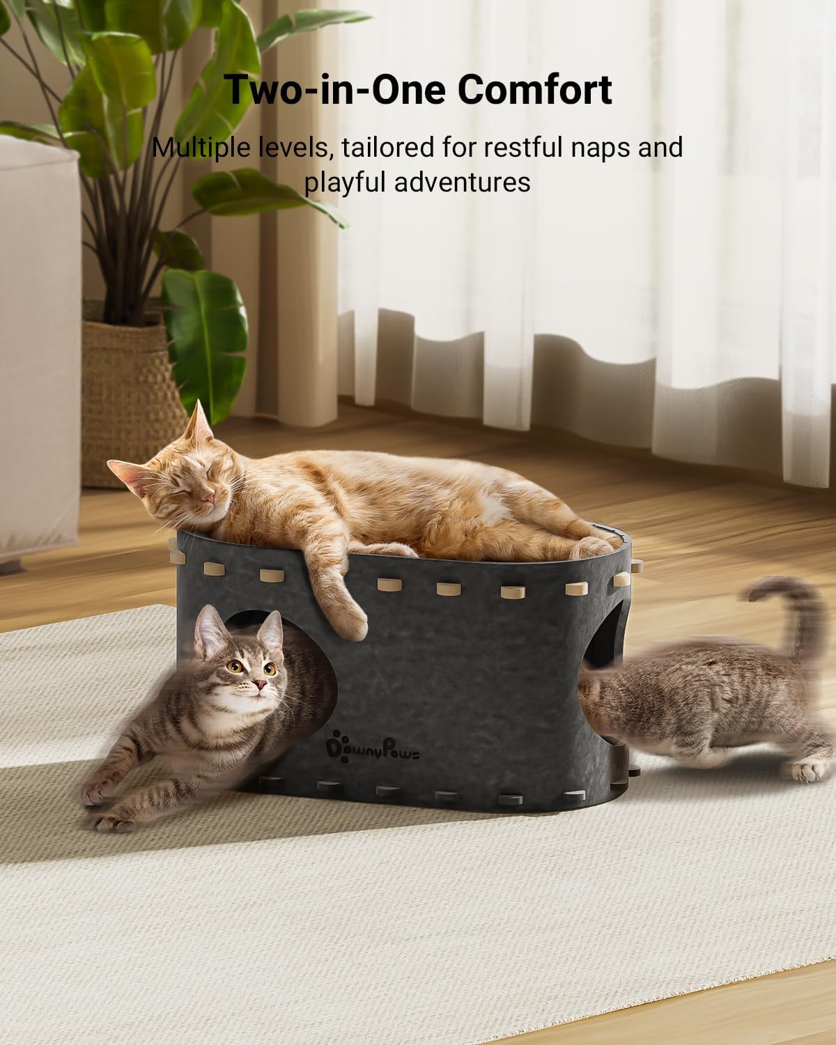 DownyPaws Cat House for Indoor Cats, Cat Bed Cave for Multiple & Large Cats Up to 22 Lbs, Scratch Resistant Peekaboo Cat Caves, Foldable Tunnel Enclosed Bed, PeekaPurr, Sesame Gray