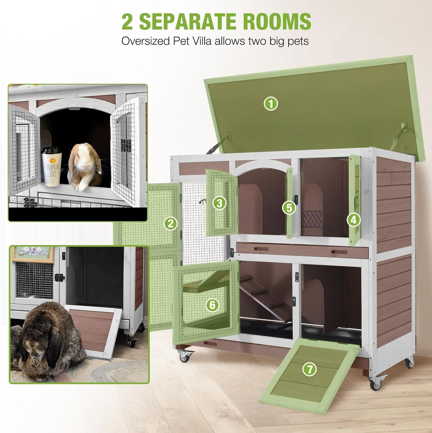 GUTINNEEN Large Rabbit Hutch Wooden Bunny Cage Indoor with Chew-Proof Ramp, 2-Story Guinea Pig Cages with Casters, Pull-Out Trays for Rabbits, Guinea Pigs, 47.2" L x 19.7" W x 42.1" H