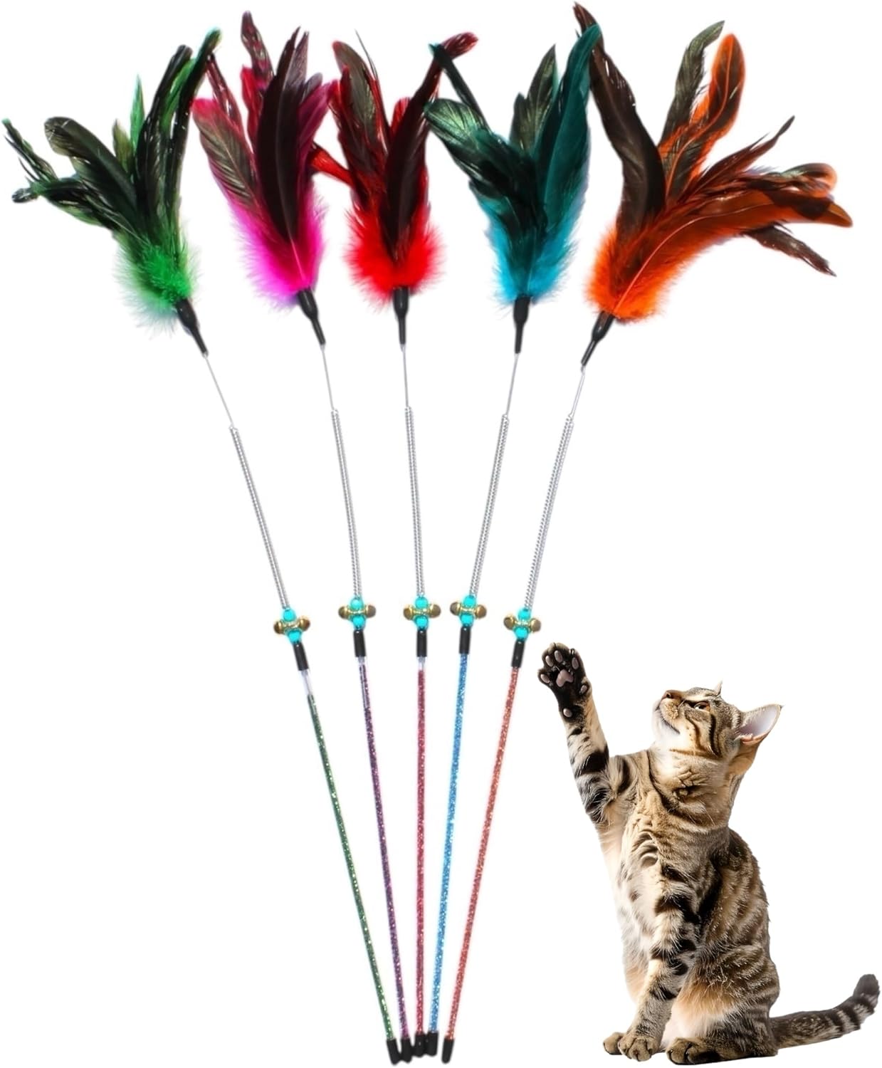 Cat Wand Toy Feather Sticks - 5 Piece Interactive Wands Toy Set with Feathers, Durable Spring Design - Perfect for Engaging Playtime Fun for Kittens and Cats - Cat Toys for Indoor Cats