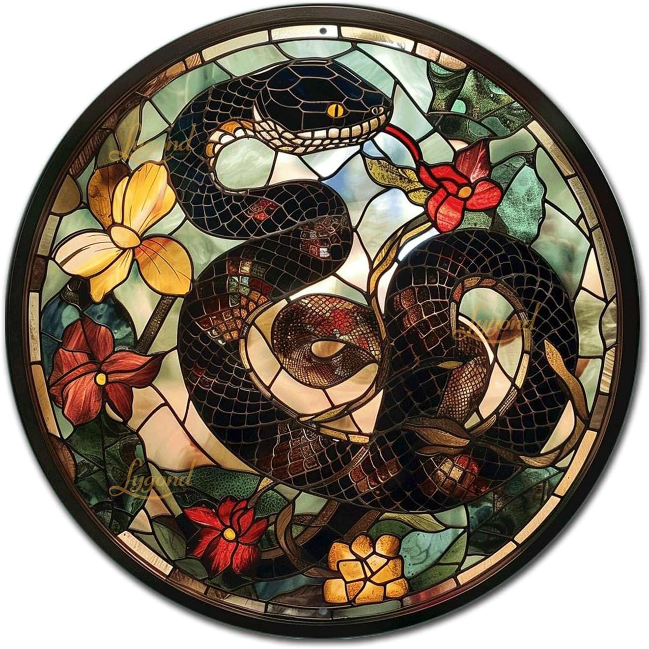 Lygond Metal Tin Sign - Circular Stained Glass Snake Vintage Sign for Garden - 8x8 Inches