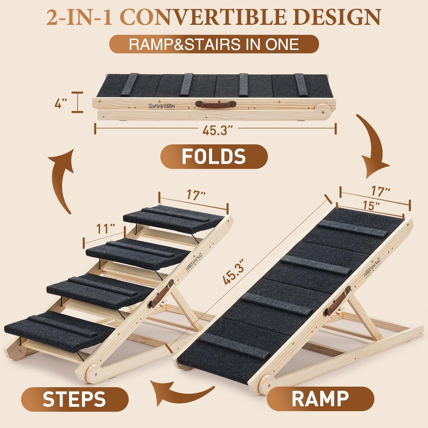 2025 Upgraded Dog Steps for Bed & Couch - 2-in-1 Dog Stairs/Ramp for Small to Large Breeds - 45.3" Long Adjustable 14"-26" Up to 200LBS - Folding Portable Wooden Pet Stairs for high Bed Couch Car