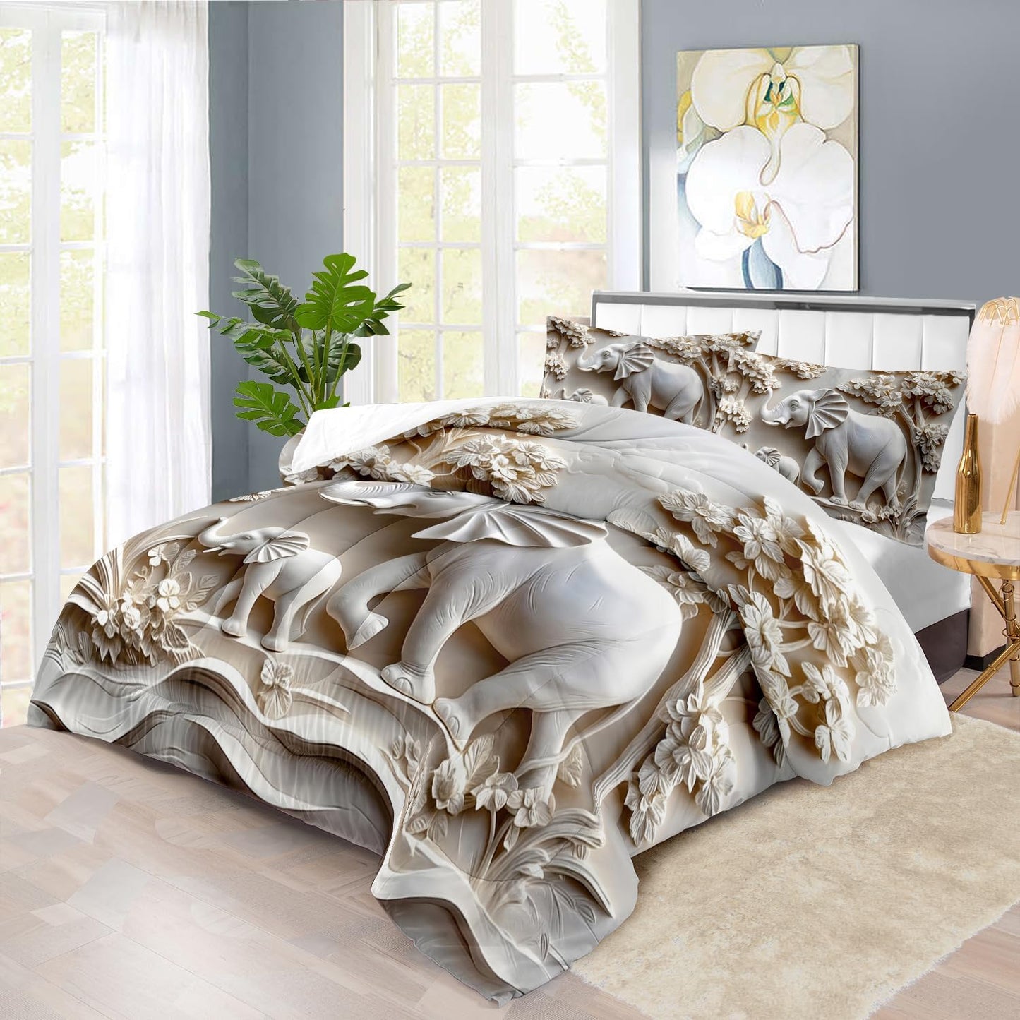 Elephant Comforter Set Full Adult, White Animal Bedding Set Full for Man, Cute Animal Comforter for Kids,Elephant Quilt Pattern White Bedroom Decor Womens, Relief Bedding