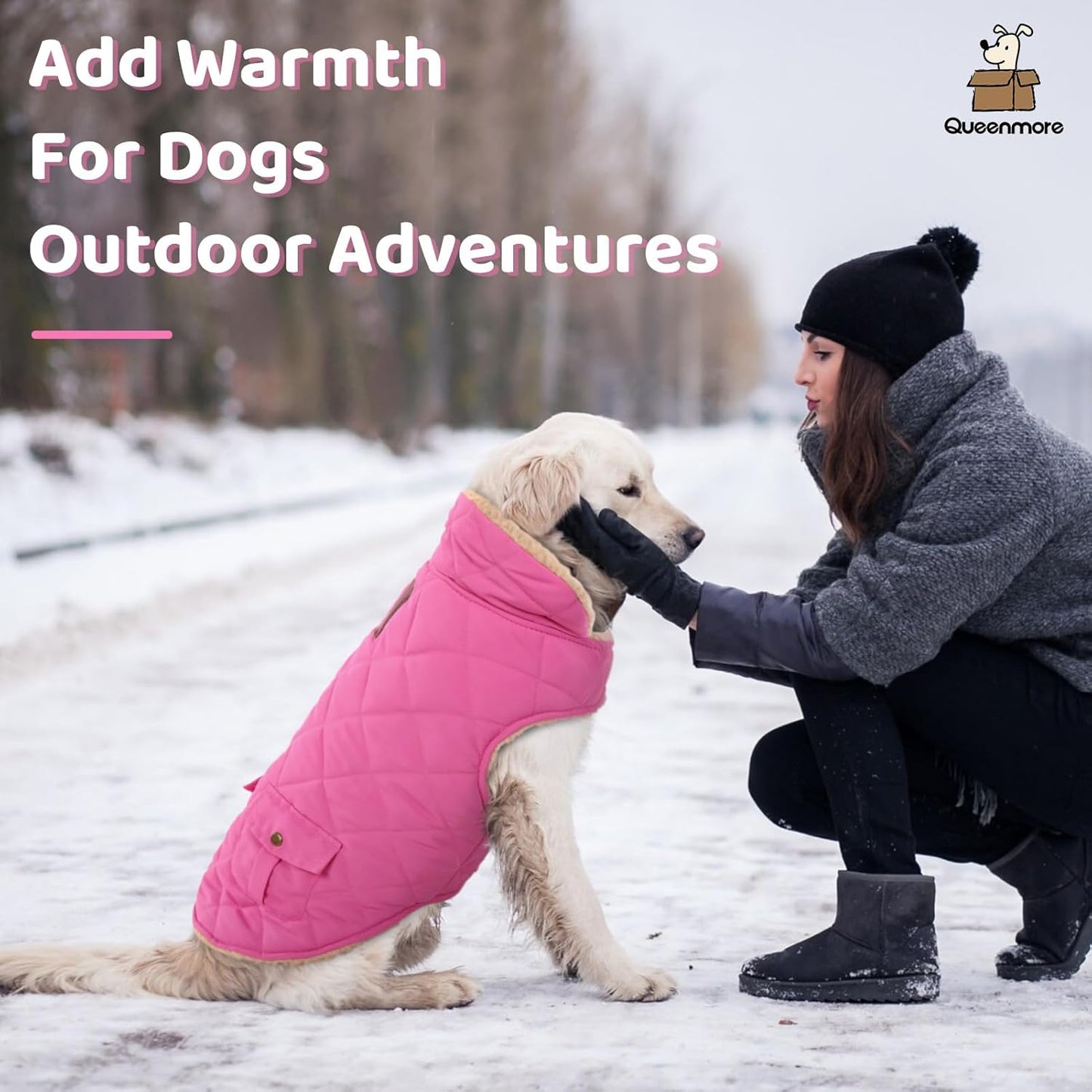 Queenmore Dog Winter Coat - Fleece Jacket, Waterproof Cold Weather Dog Clothes, Thick Warm Cotton Padding, Easy On Storage Pockets (Pink, Small)